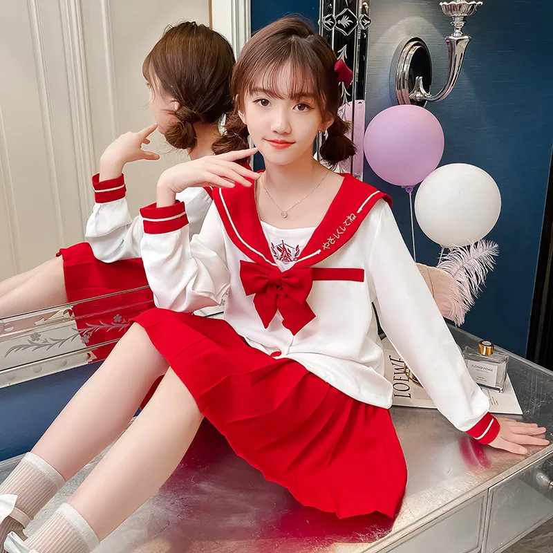 

Girls Clothes Spring Autumn Jacket Letter Embroidery Bow JK Uniform Top + Skirt 2pcs Children's Clothing Set Tracksuit 4-14 Yrs