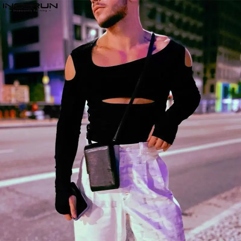 

Футболка INCERUN мужская с открытыми плечами, однотонная ажурная рубашка с длинным рукавом, модная повседневная Уличная одежда для фитнеса, 2022