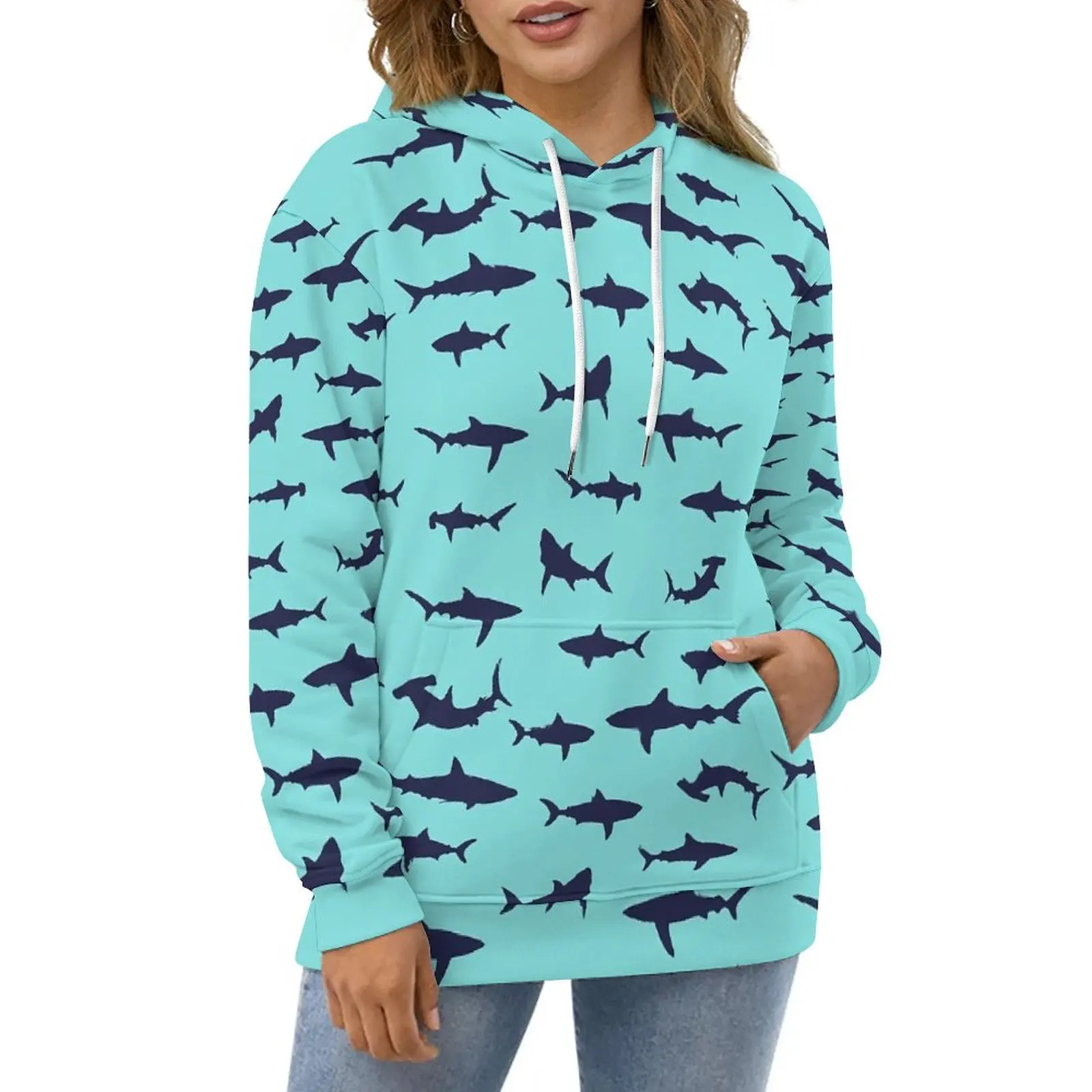 

Shark Silhouette Hoodies Animal Print Harajuku Oversized Pullover Hoodie Female Long-Sleeve Modern Pattern Casual Sweatshirts
