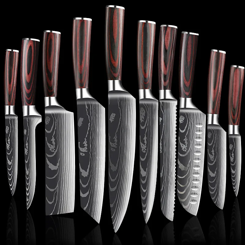 

5-10 Pcs Chef knife Set Kitchen Knives Laser Damascus Pattern Sharp Japanese Santoku Knife Cleaver Slicing Utility Knife