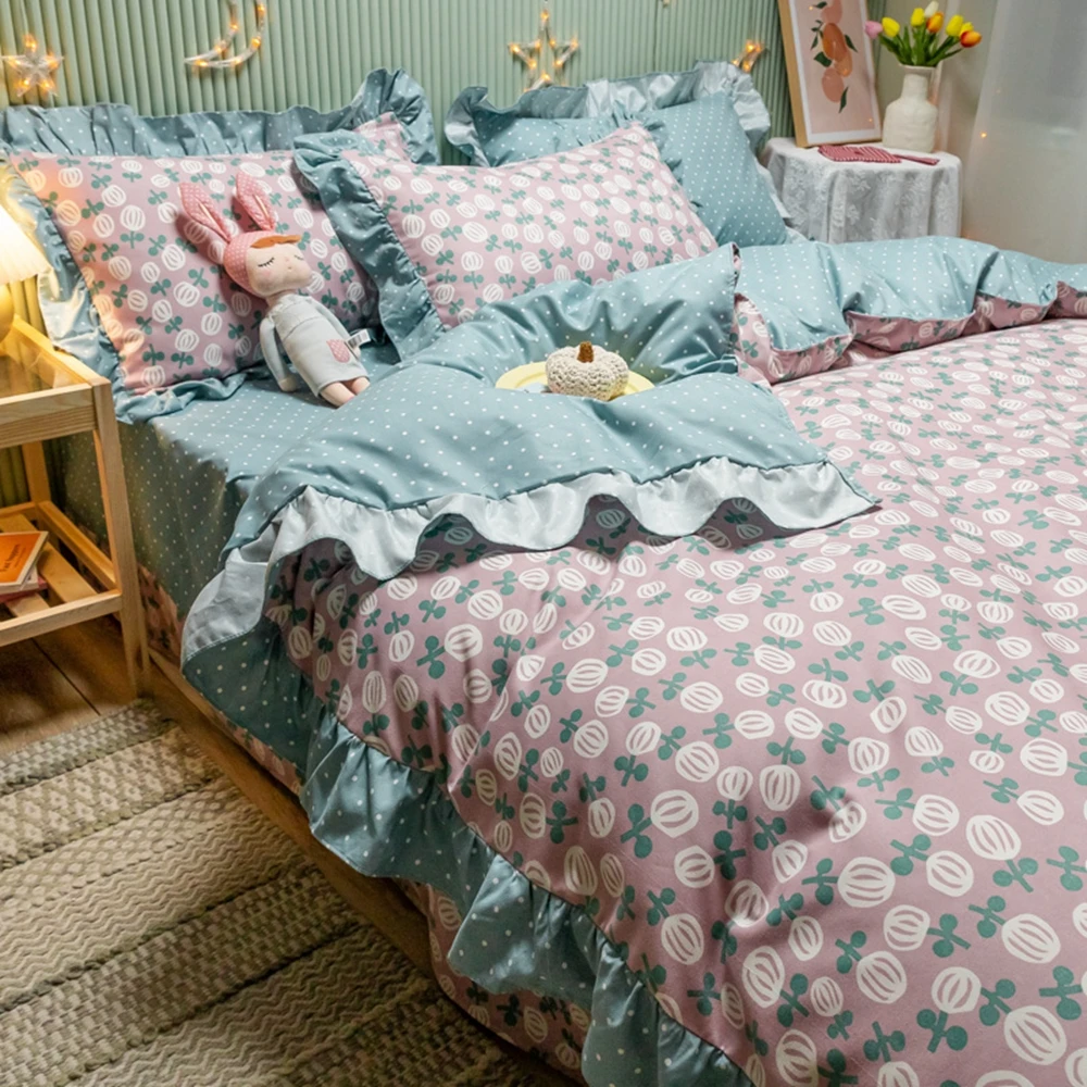 Pink Flowers Bedding Sets Lace Duvet Cover Lotus Leaf Edge AB Side For Home Single Double Bed Cover Sheets Sets on the bed