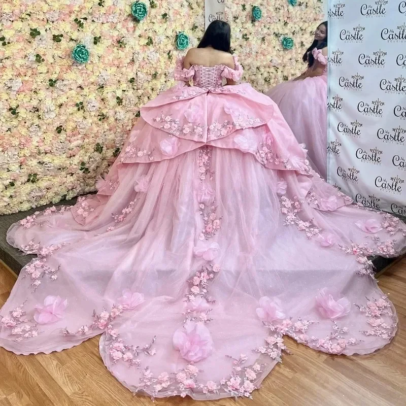 ANGELSBRIDEP Мексиканское розовое платье Charro Quinceanera кружевные аппликации 3D цветочные
