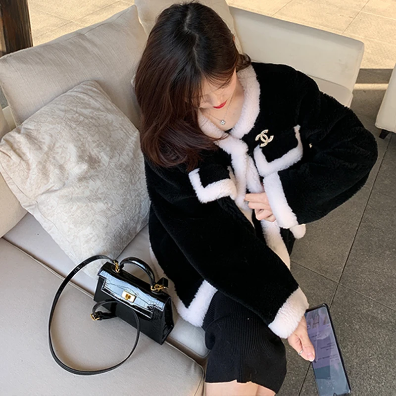 Warm Lady Sheep Shearing Lambs Faux Fur Jacket Puffer Bomber Coat Jacket short korean Black Cardigan Crop Tops Pockets Parkas