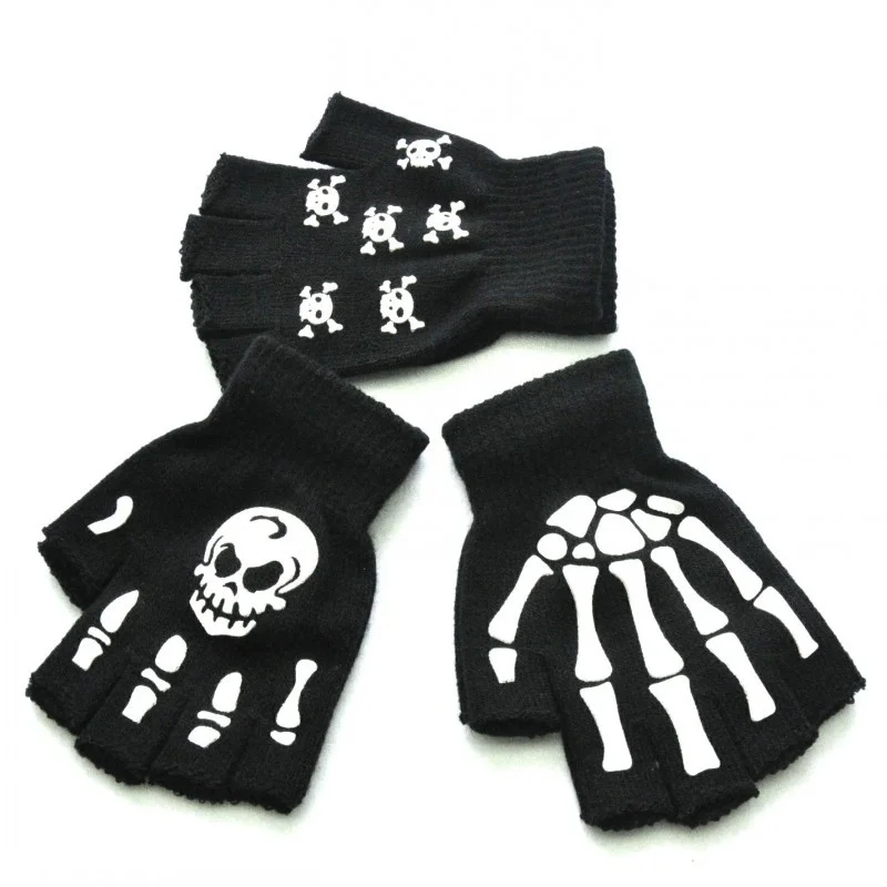 

Leucht Schädel Drucken Handschuhe Halb-finger Warme Strick Handschuh für Frauen Männer Radfahren Sport-Skeleton Muster Handschuh