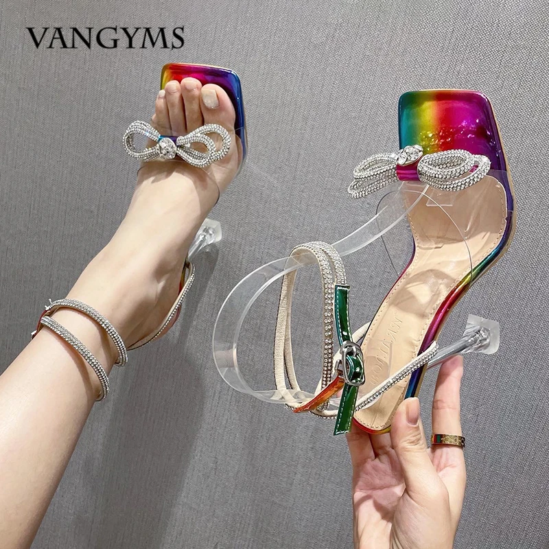 

Summer Women's Trend Rhinestone Bow Strap High-heeled Shoes Wine Glass with A Word Belt Tower Buckle Sandals Zapatos De Vestir