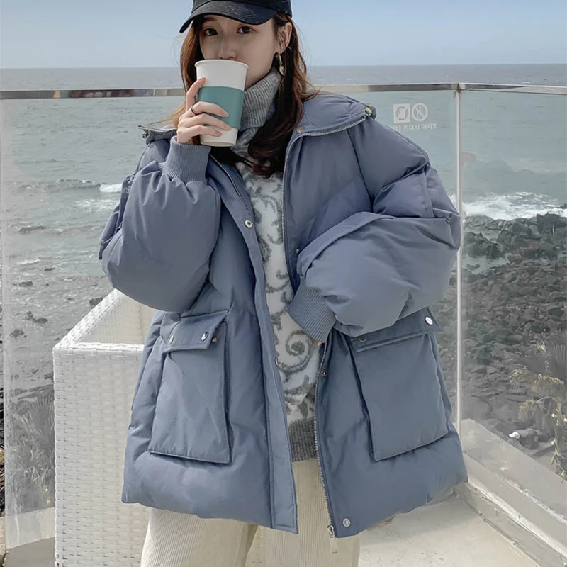 

Oversize Jacket Hooded Female Winter Coat for Women 2022 Very Warm Pocket Single Breasted Parkas Button Long Sleeve Outwear