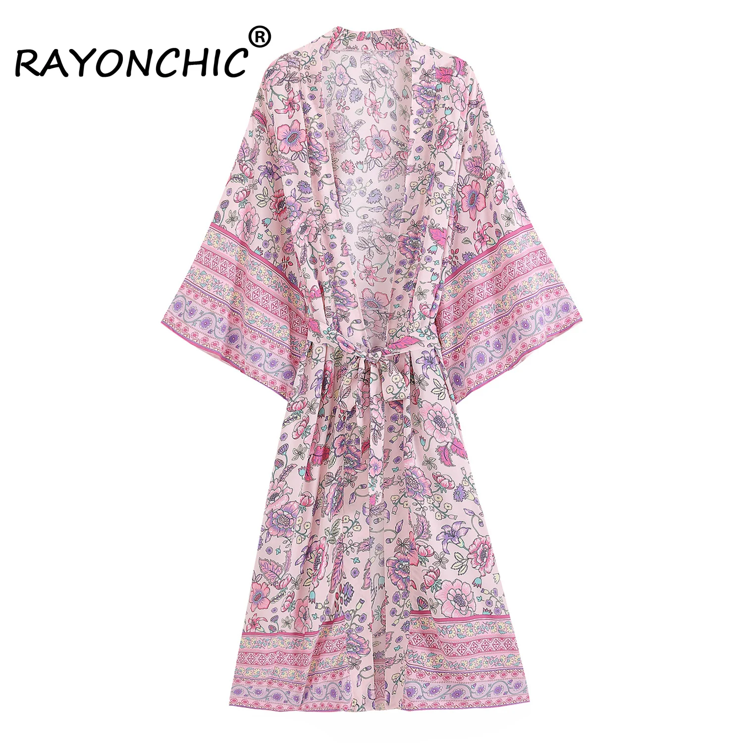 

RAYONCHIC Pink Robe Floral Print Bikini Caftan Cover Ups Rayon Batwing Sleeve Long Maxi Hippie Vestidos Beach Bohemian Kimono