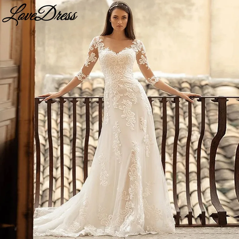 

LoveDress Elegant Lace Wedding Dress Sheath 2022 Appliques Half Sleeve Bride Gown Tulle Buttons Illusion Corset Vestido De Novia