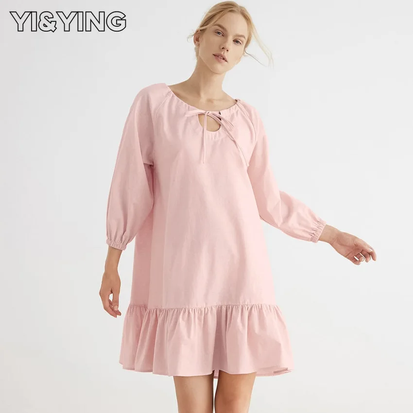 

[YI&YING] Autumn Fashion Pink Sweet One Piece Nightgown All Cotton Ruffle Edge Long Sleeve Short Women's Home Furnishing WAZC474