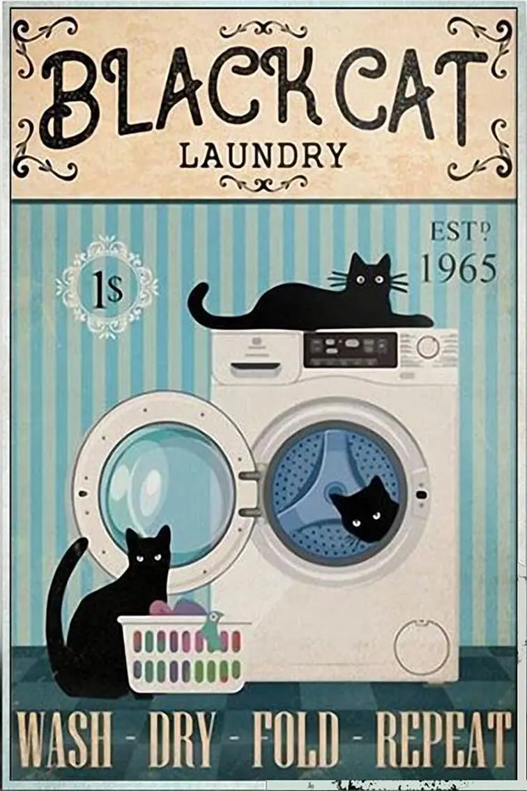 

Metal Tin Sign Retro Wall Decor Black Cat Laundry Wash Dry Fold Repeat - Laundry Room Decor, Home Decor, Sign Wall Sign Vintage