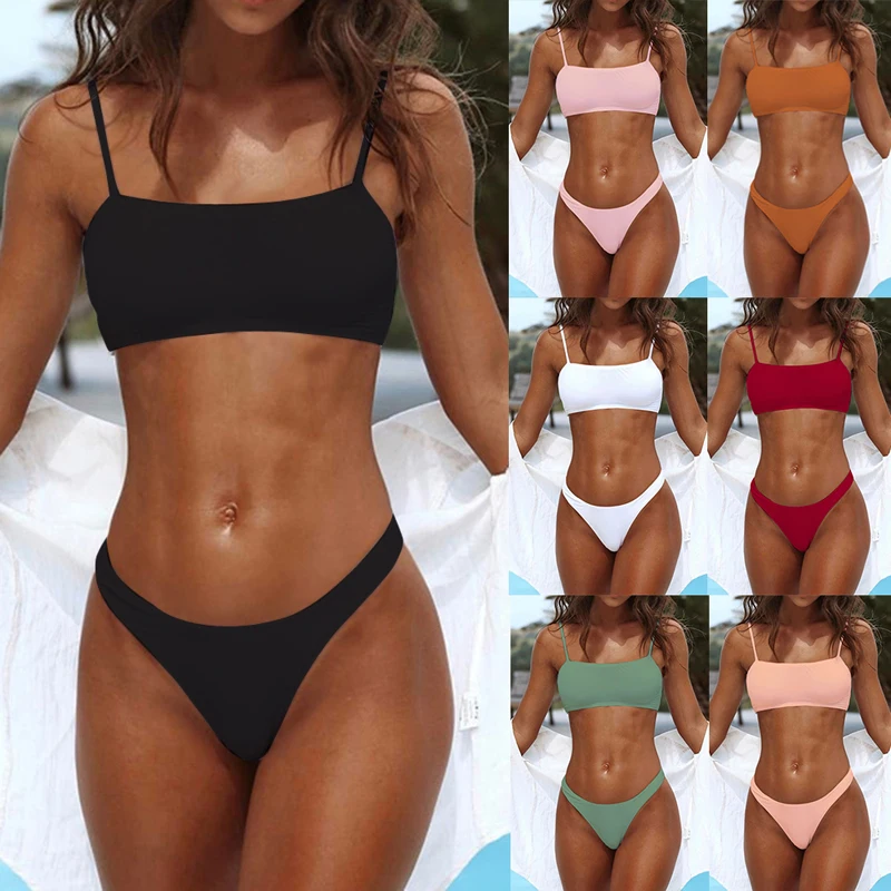

Однотонные комплекты бикини со средней талией, купальник, Женский сексуальный купальник из двух предметов на шнуровке, новые пляжные купал...