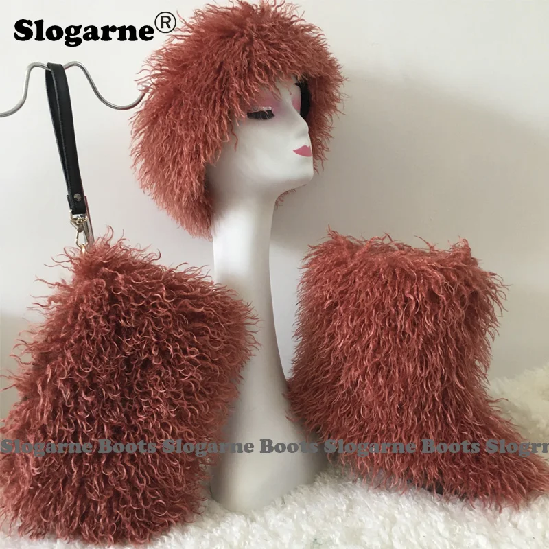 

Women Winter Outdoor Snow Boots Girls' Faux Fur Trendy Sets Fur Boots Fur Bag Fur Cap Hat Fluffy Female Warm Luxury Furry Bottes