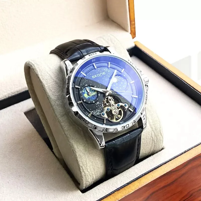 Fashion Moon Phase Luminous Pointer Waterproof Men's Business Wristwatch Leather Strap Tourbillon Automatic Mechanical Watch