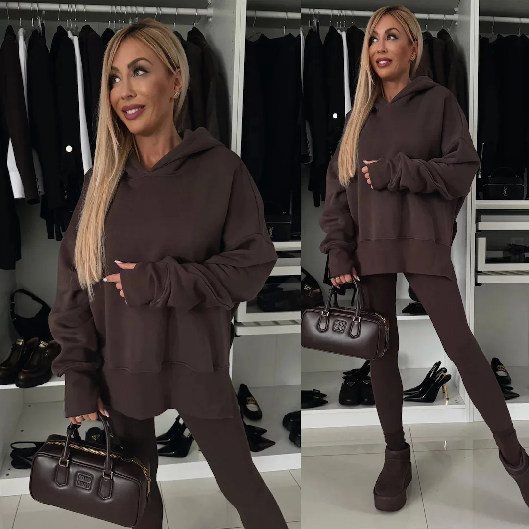 Casual Loose Striped Print Hooded Sweatshirt Women's Set Fashion Pullover + Pencil Pants 2-piece Women Sports Outfit