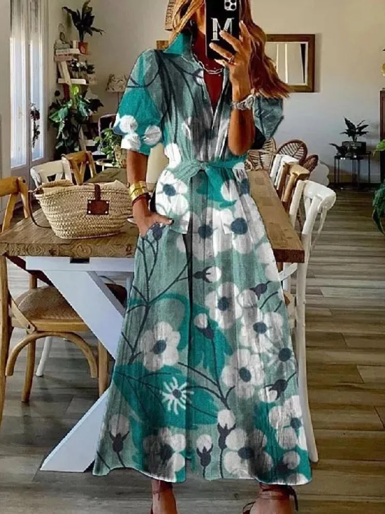 

Casual Summer Pattern Printed Shirts Long Dress Ladies Fashion Short Sleeve Lapel Lace Up Dress Retro Loose A-Line Women Dresses