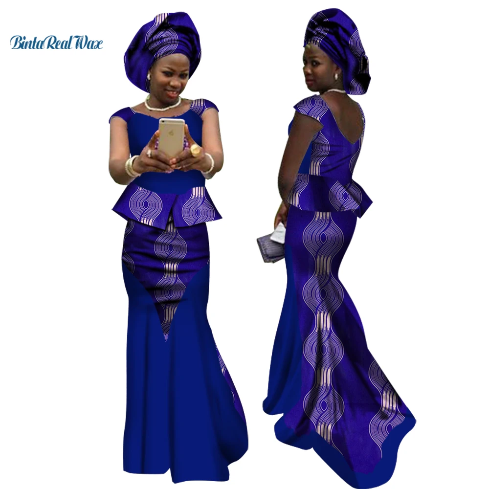 New African Traditional 2 Piece Skirt Sets Splice Clothing Bazin African Print Tops and Skirt Sets with Headtie for Women WY2671