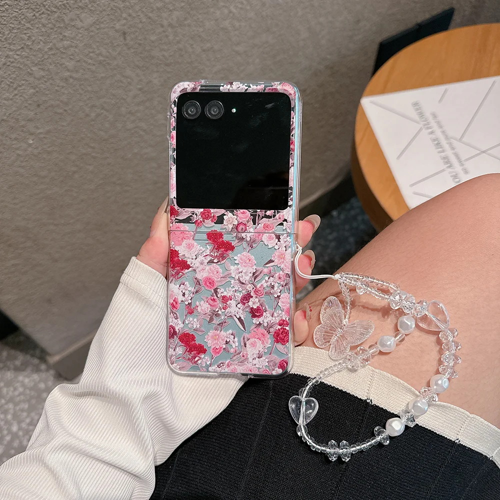 Для Motorola Razr 50 40 Ultra чехол с цветочным узором прозрачный опционально браслетом