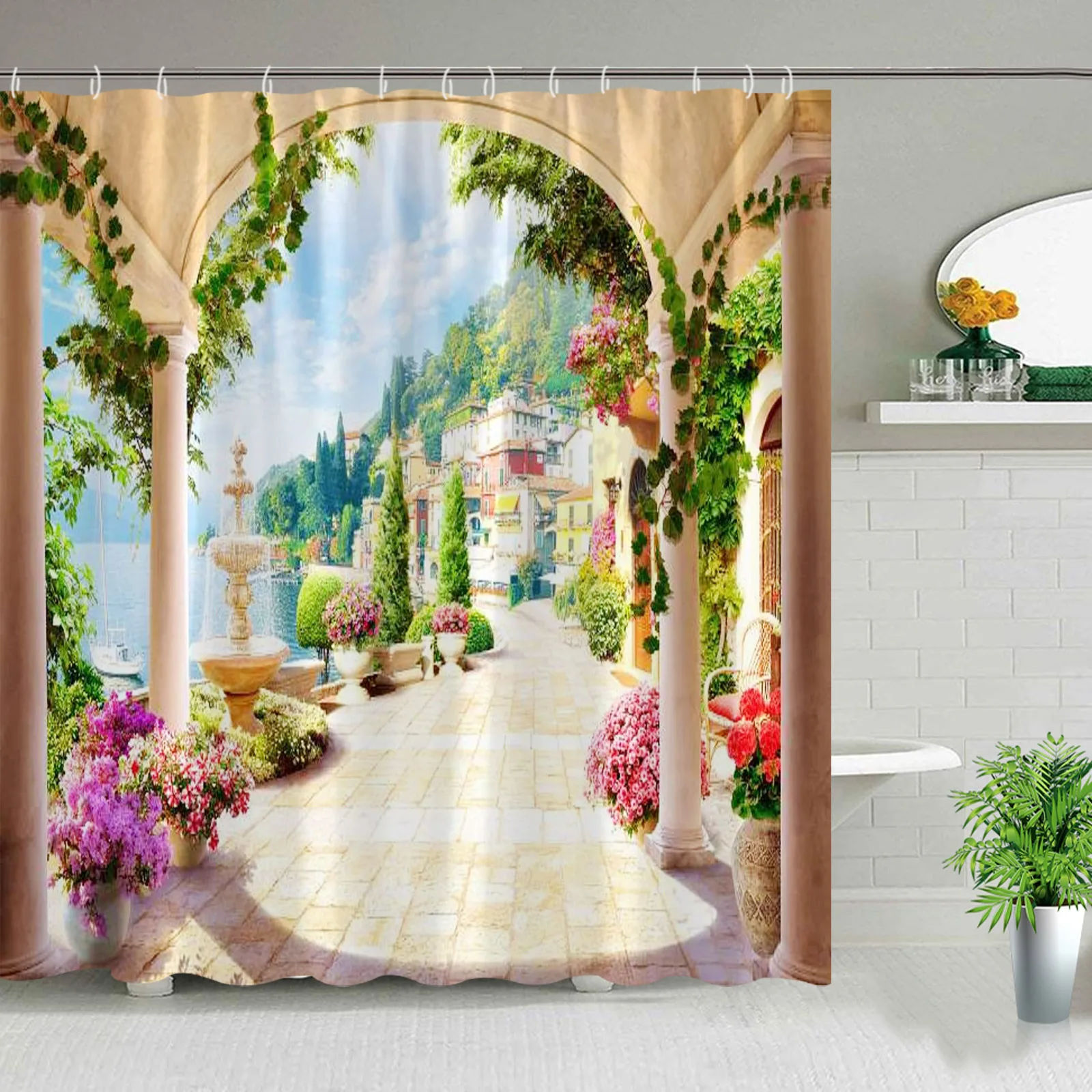 

Европейская Архитектура арки душевая занавеска Средиземноморский ландшафт морской пейзаж тканевый Декор для ванной комнаты наборы аксессуаров