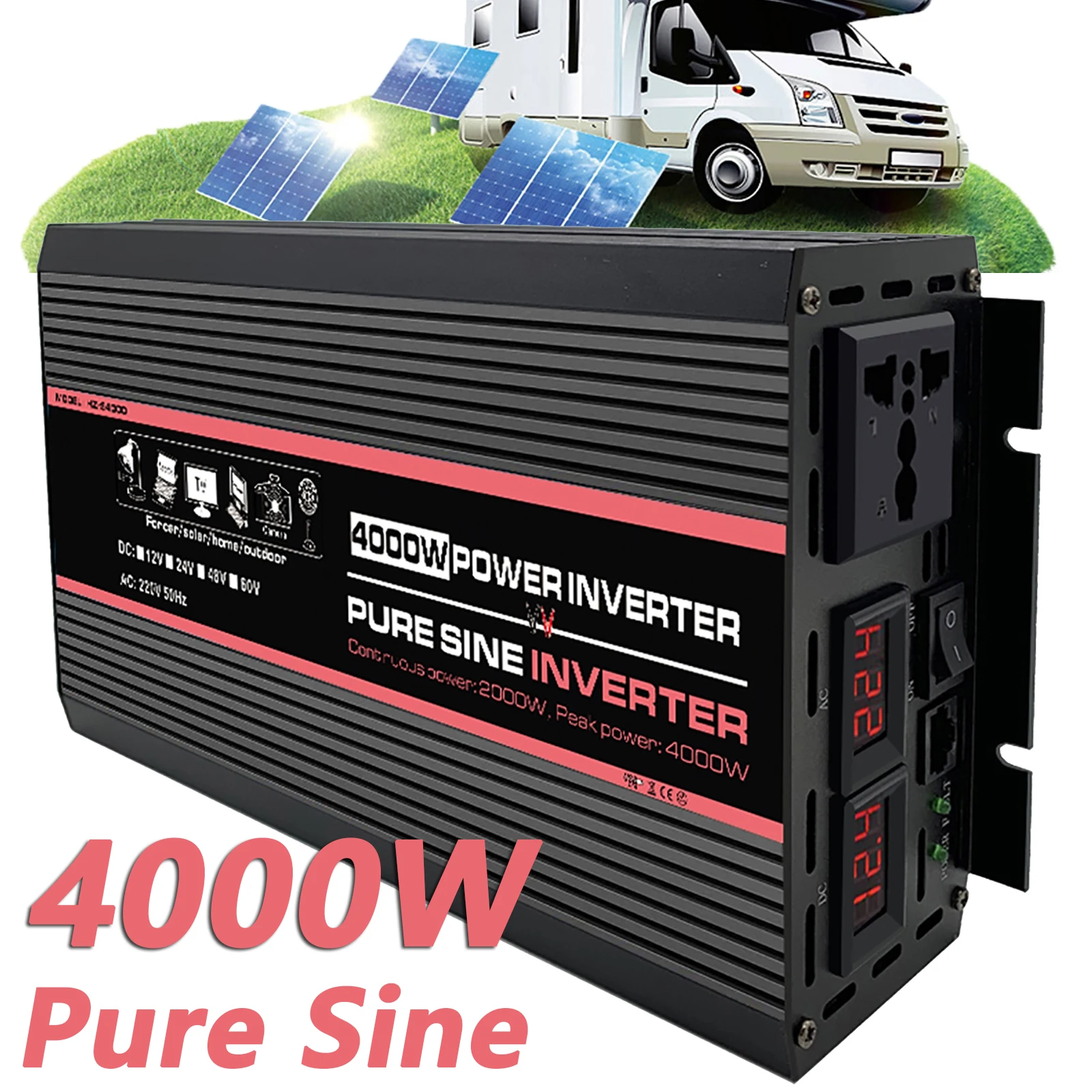 

4000W Large Power Car Inverter Pure Sine Wave Power Inverter 12V to 220V Converter for Solar Generator System Car Home Outdoor