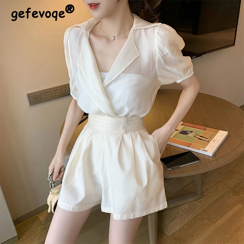 

Летний элегантный модный топ с коротким рукавом, Женский комплект с широкими штанинами и шортами, Женский однотонный костюм с V-образным вырезом, женская одежда