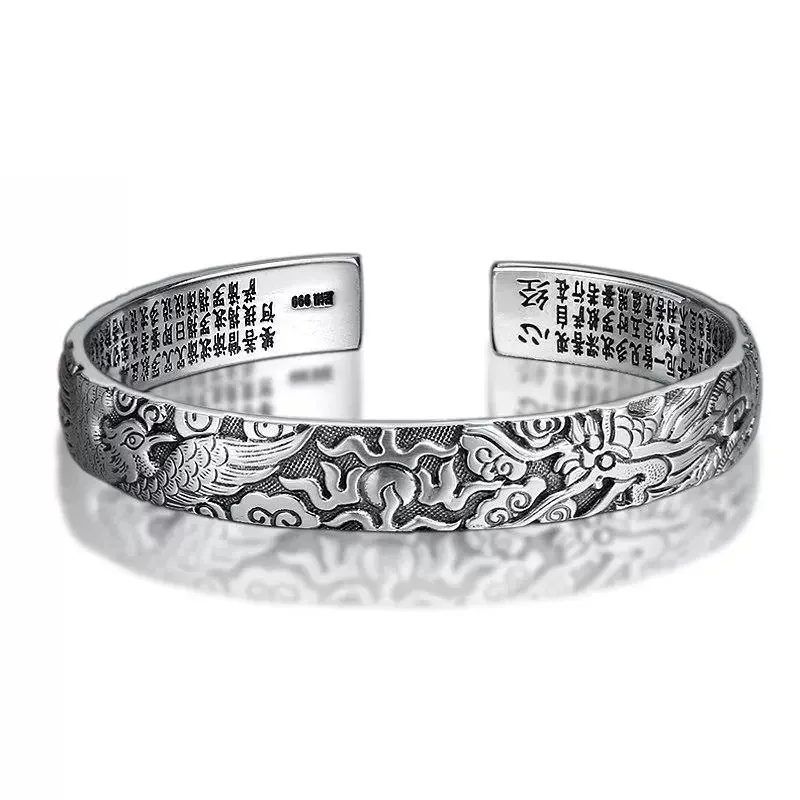 

10mm Width Real S999 Sterling Silver Retro Classic Dragon Phoenix Ethnic Style Buddhist Heart Sutra Open Bangle Women Jewelry