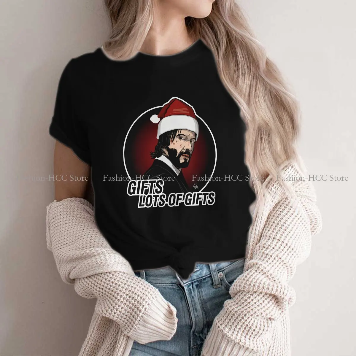 

Рождественские Модные футболки из полиэстера, женские топы с графическим принтом из фильма Джон фитиль, футболка с круглым вырезом