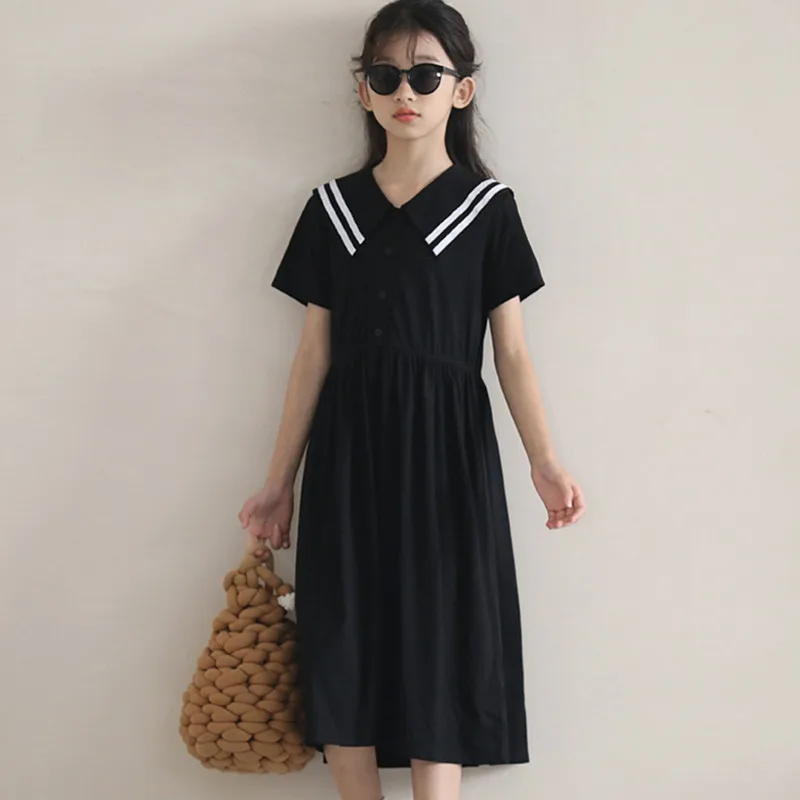 

8 to 16 years kids teen girls summer sailor collar cotton casual midi dress children big girls school uniform dresses clothing