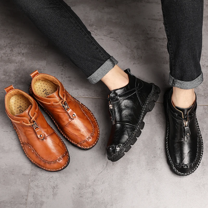 

Men's Leather Fashion Wide Toe High Top Versatile Casual Boots Hand Sewn Vintage Leather Boots Ankle Chelsea Boots Designer Bike