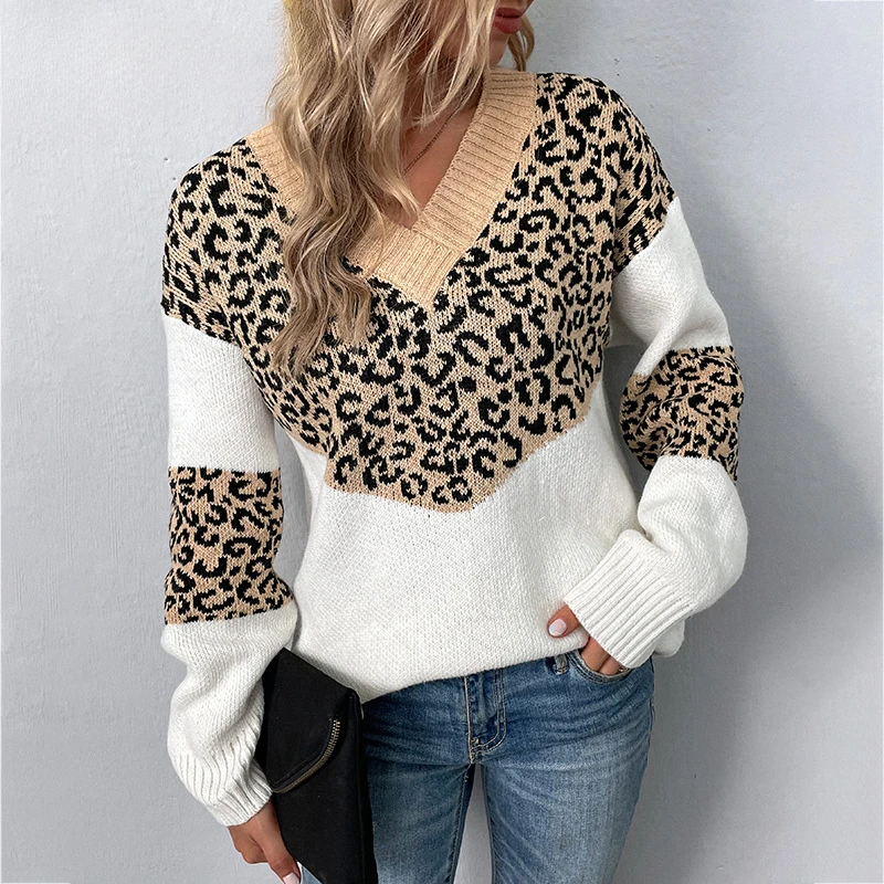 

Women's Leopard Print Splicing Knitwear Autumn Winter Fashion V-neck Pullover Sweater Ladies Casual Loose Tops
