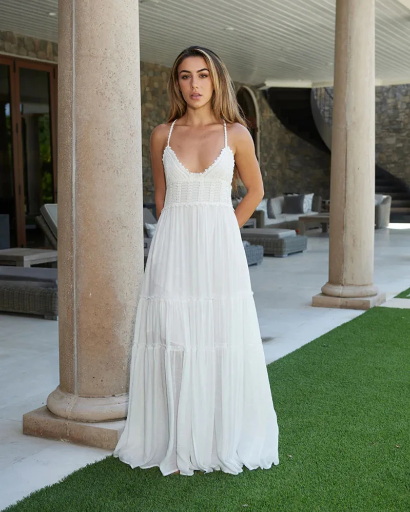 

Летнее платье 2023, женское повседневное Новое кружевное платье на бретелях, длинная юбка с низким вырезом, сексуальное платье