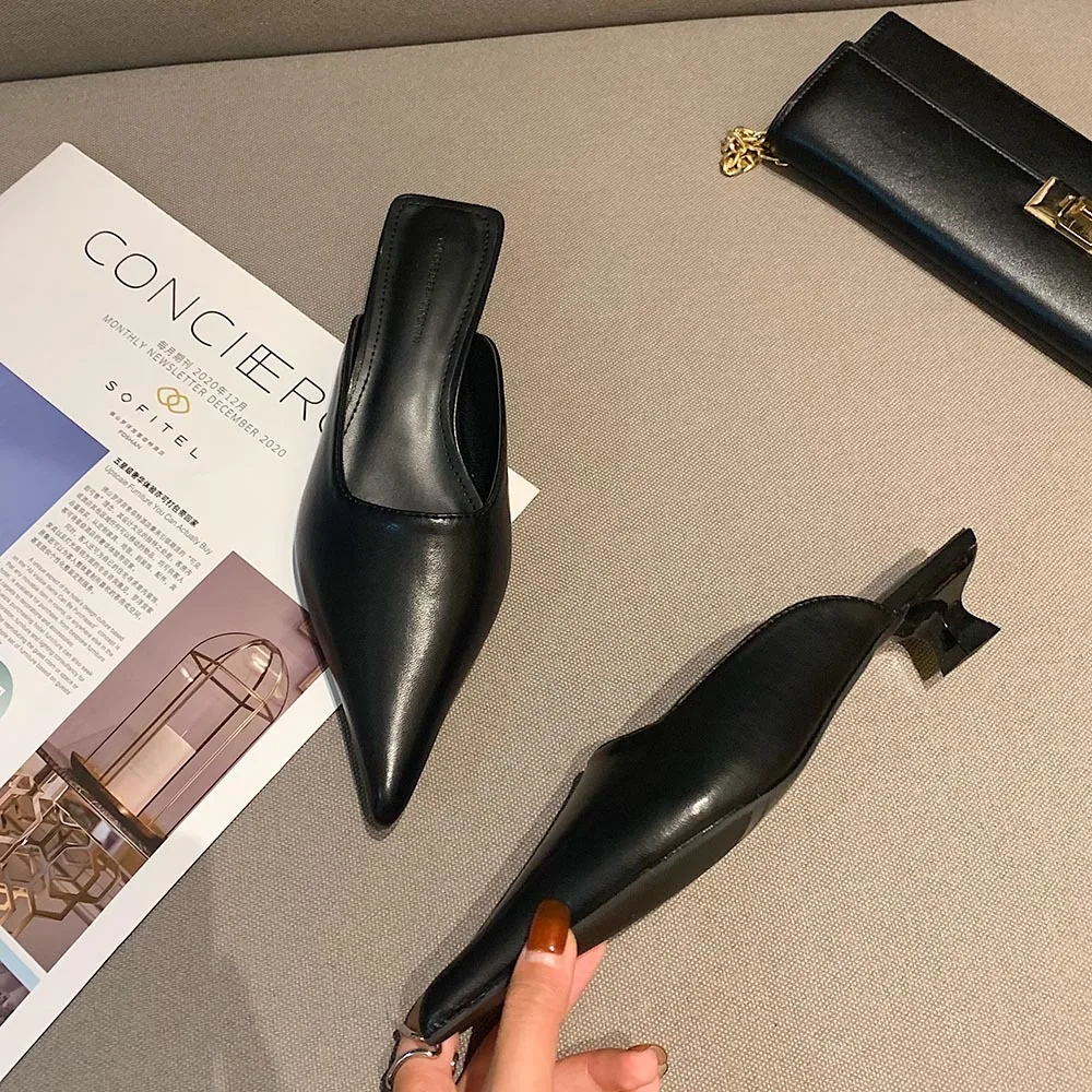 Мюли женские на каблуке мягкие туфли-лодочки с острым носком шлепанцы из