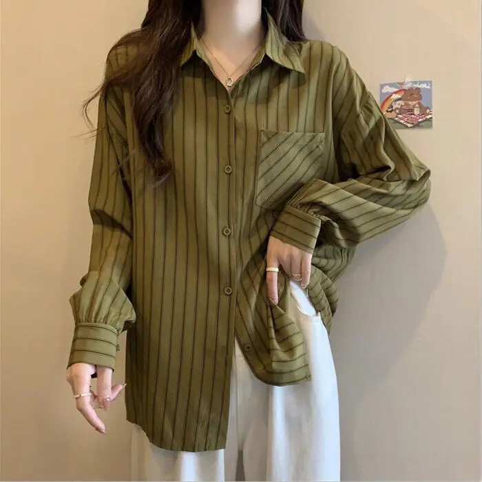 

Striped Long Sleeve Shirt Autumn New Women's Single Breasted Polo Top