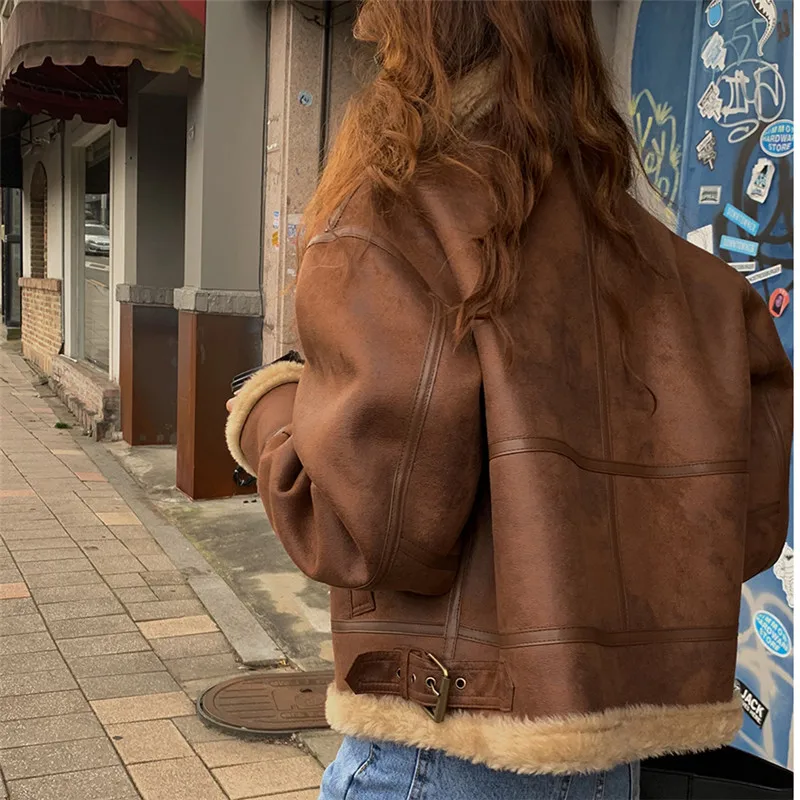 Lamb Fur Coat Deerskin Brown Jacket Women brown tops Winter Fur Integrated Motorcycle Suit Women's Loose Street Retro Jacket