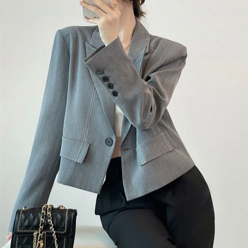 Укороченные блейзеры в Корейском стиле Женский Осенний шикарный однотонный