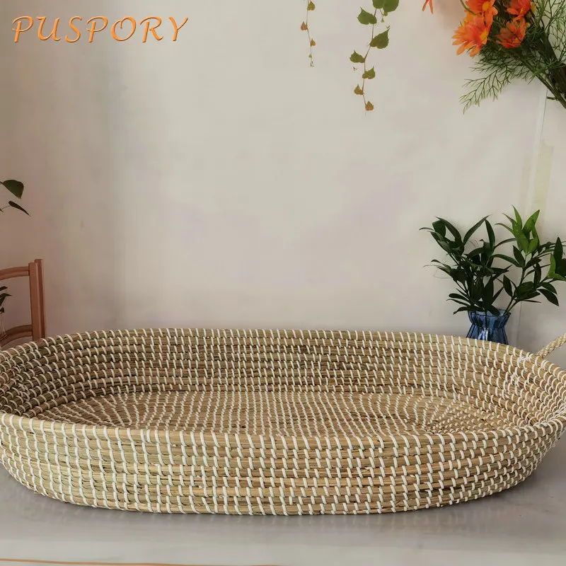 Newborn Baby Cradle Straw Woven Primary Color Outdoor Flat Lay Portable Carry Basket pastoral style Handmade Sleeping Basket