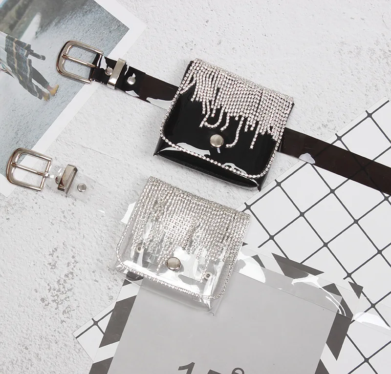 

2022 New Fashion All-Match Waist Bag Shiny Rhinestone PVC Small Waist Bag Detachable Belt Coin Purse Waist Bag for Women