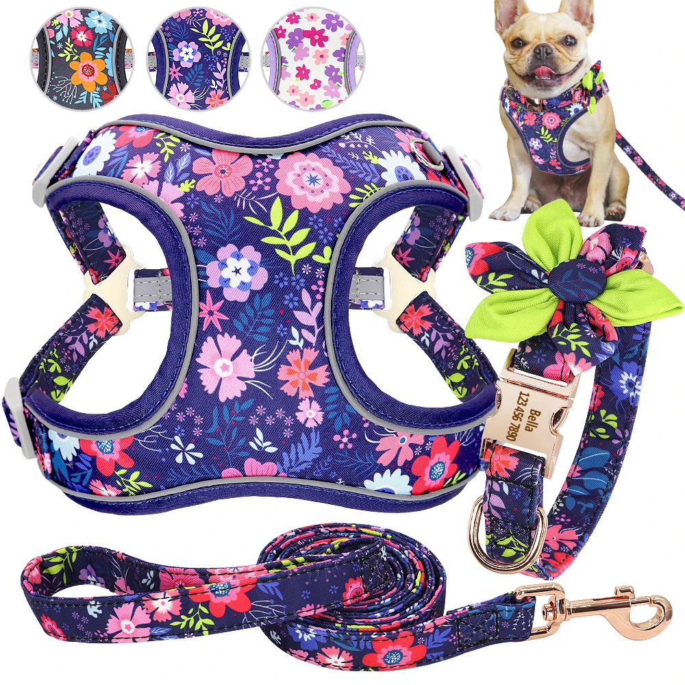 3pcs/lot Personalized Dog Collar Harness Leash Set Printed Customized Dog Collar French Bulldog Harness For Medium Large Dogs
