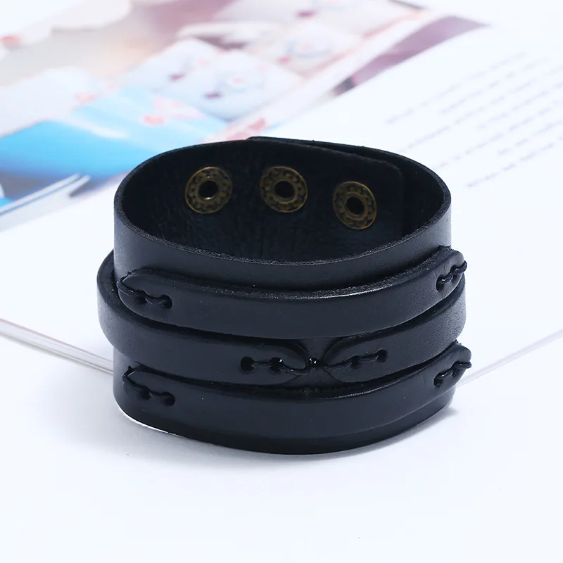 Модный широкий браслет KOTik из натуральной кожи коричневого и черного цвета