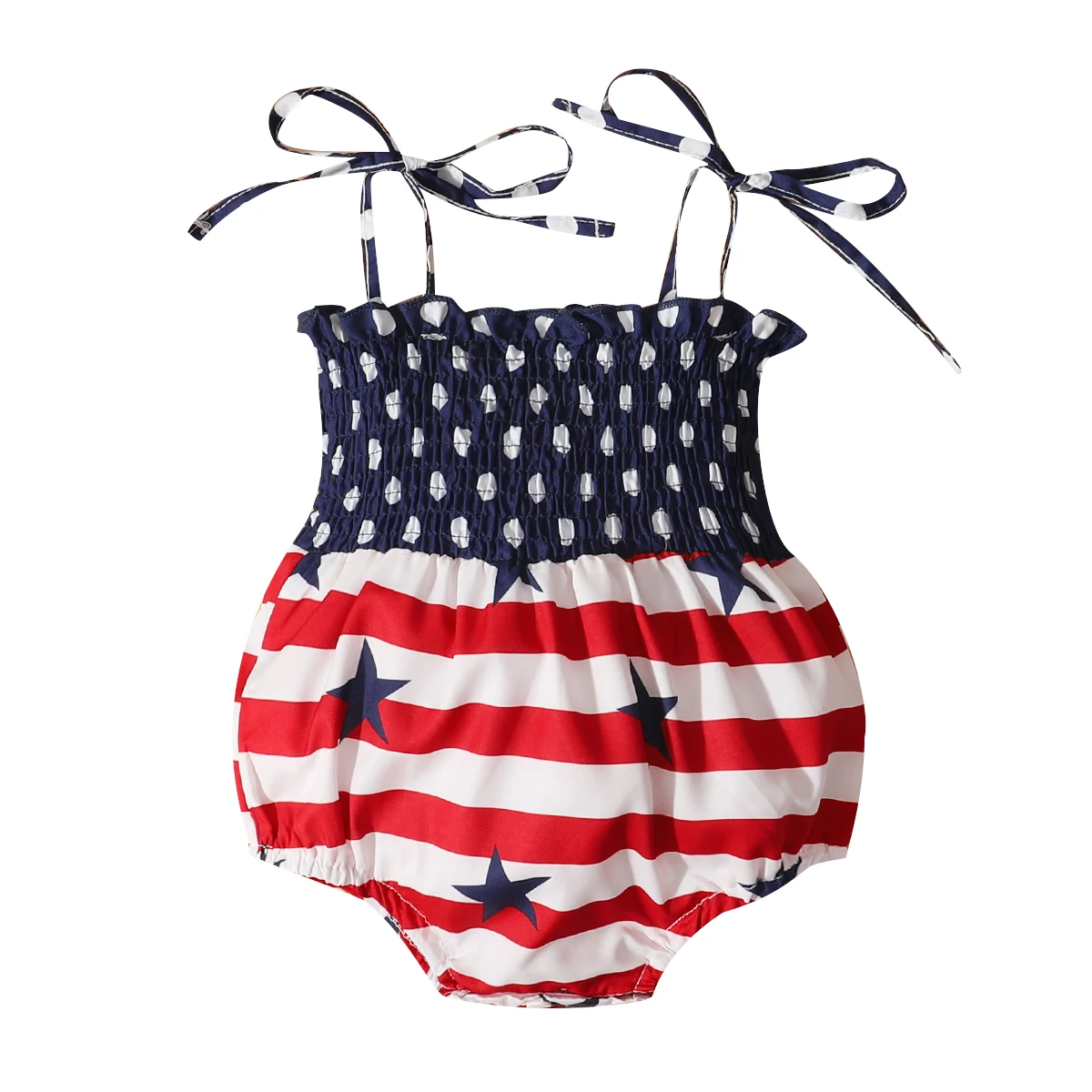 

Toddlers Baby Independence Day Rompers Star Stripe Lace-Up Straps Elastic Sleeveless Jumpsuit for Toddler Girls 0-18 Months