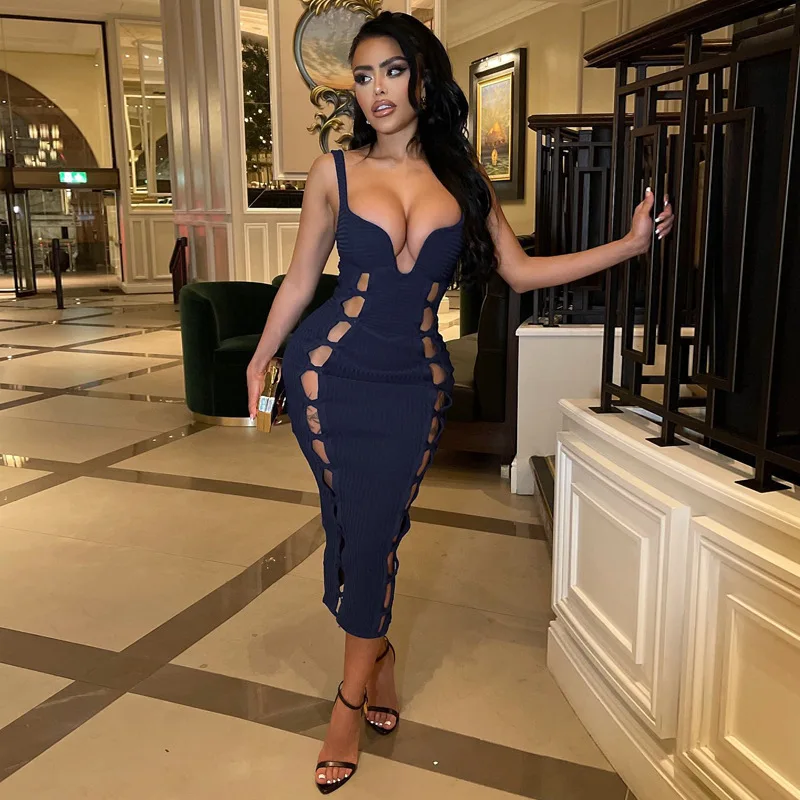 Sexy Womens Suspender Slit Mid-Length Dress Fashion Solid Color Side Tie-Up Hollow Skinny Dress Club Streetwear