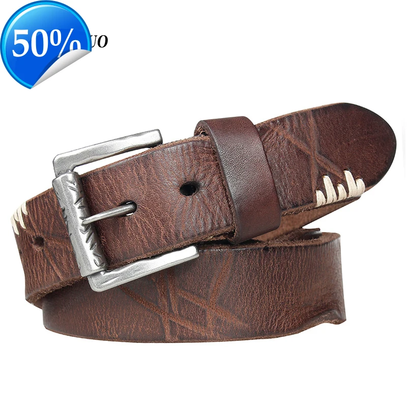Top Cow genuine leather belts for men jeans Do old rusty pin buckle retro vintage mens male cowboy belt ceinture homme