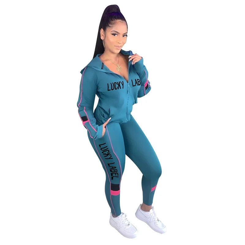 

plus size Lucky Label Two Piece Set Women Fall Clothes Sweatsuit Top Jacket Sport Pants Fitness Outfit Matching Set Dropshpping