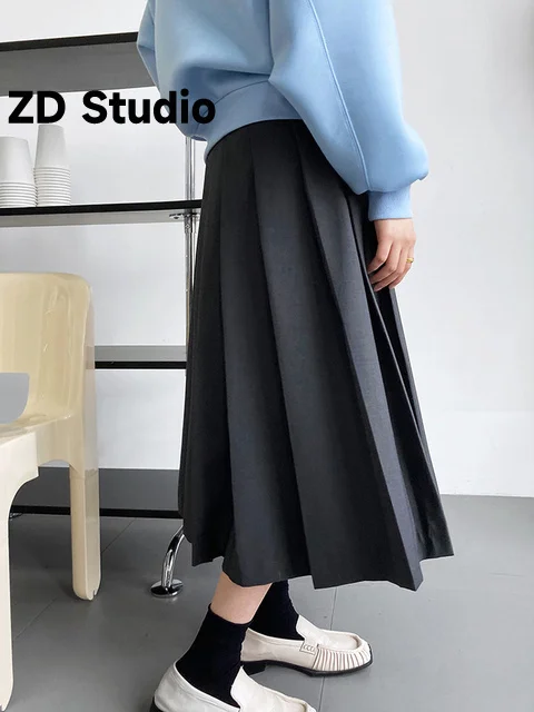 

[ZD Studio] High Waist Black Brief Elegant Pleated Long A-line Half-body Skirt Women Tide New Spring Autumn 2023