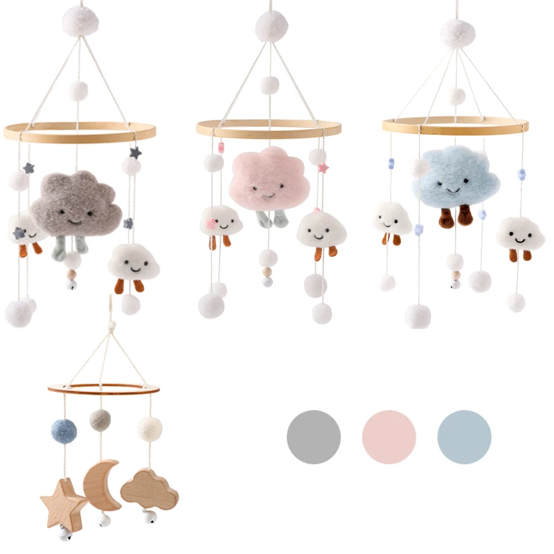 Baby Crib Mobile 100% Felt Ball Rattles Cartoon Cloud Bed Bell Little Stars Wooden Wind Chime Nursery Decoration Accessories