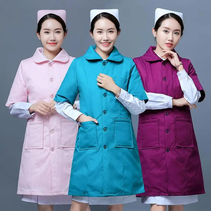 

1 шт. зимняя утепленная одежда с хлопковой подкладкой для медсестер, однотонный прочный жилет, Униформа с длинным рукавом