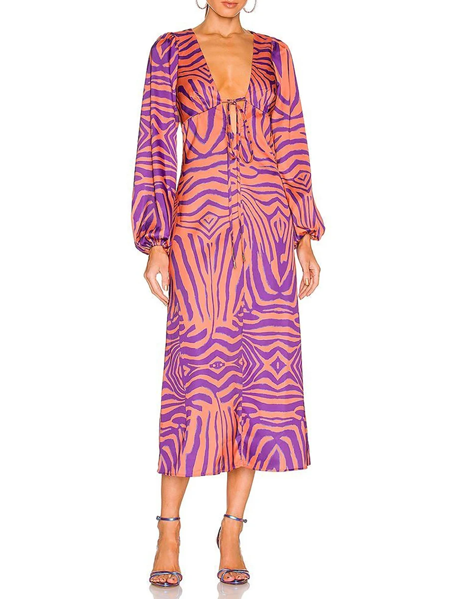 

Women s Dress Deep V-Neck Long Sleeve Irregular Stripe Printed Tie-Up Long Dresses