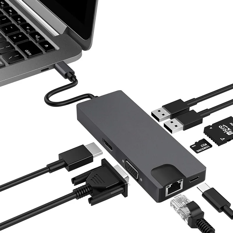 

8-in-1 Docking Station Type-c To HDMI+VAG Gigabit RJ45+USB3.0HUB Branch Card Reader Hub