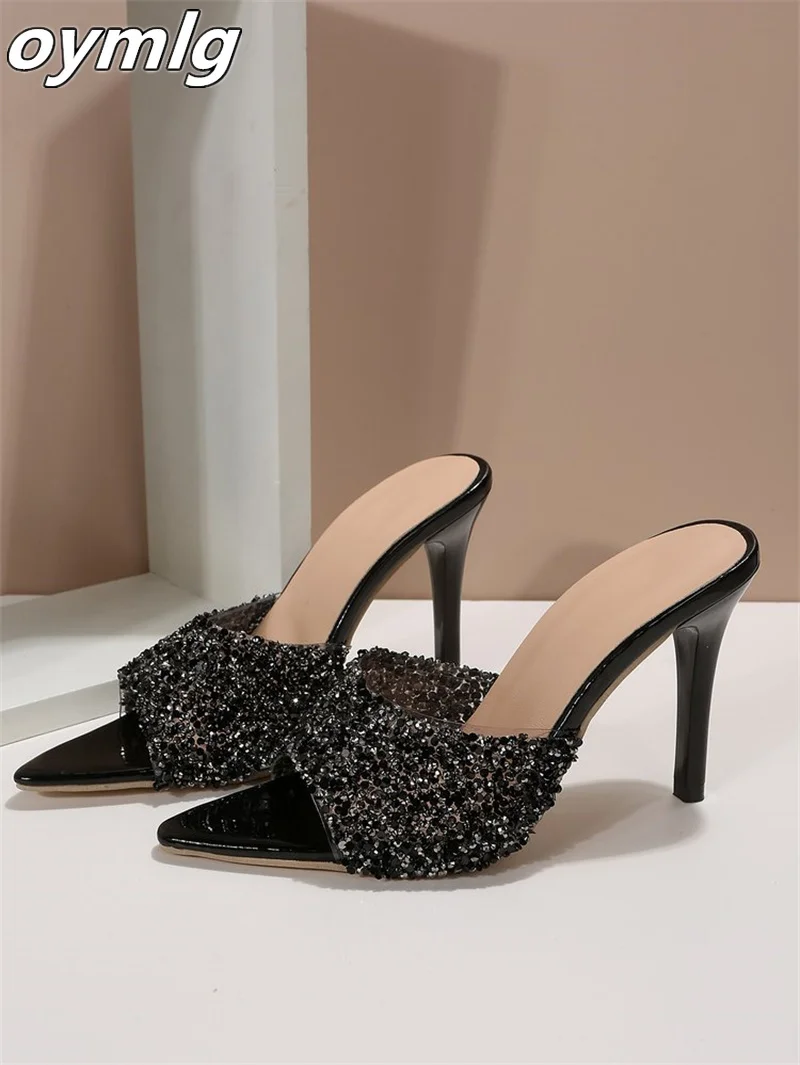 Новинка 2024 крутые тапочки на высоком каблуке с блестками для женщин тонкие