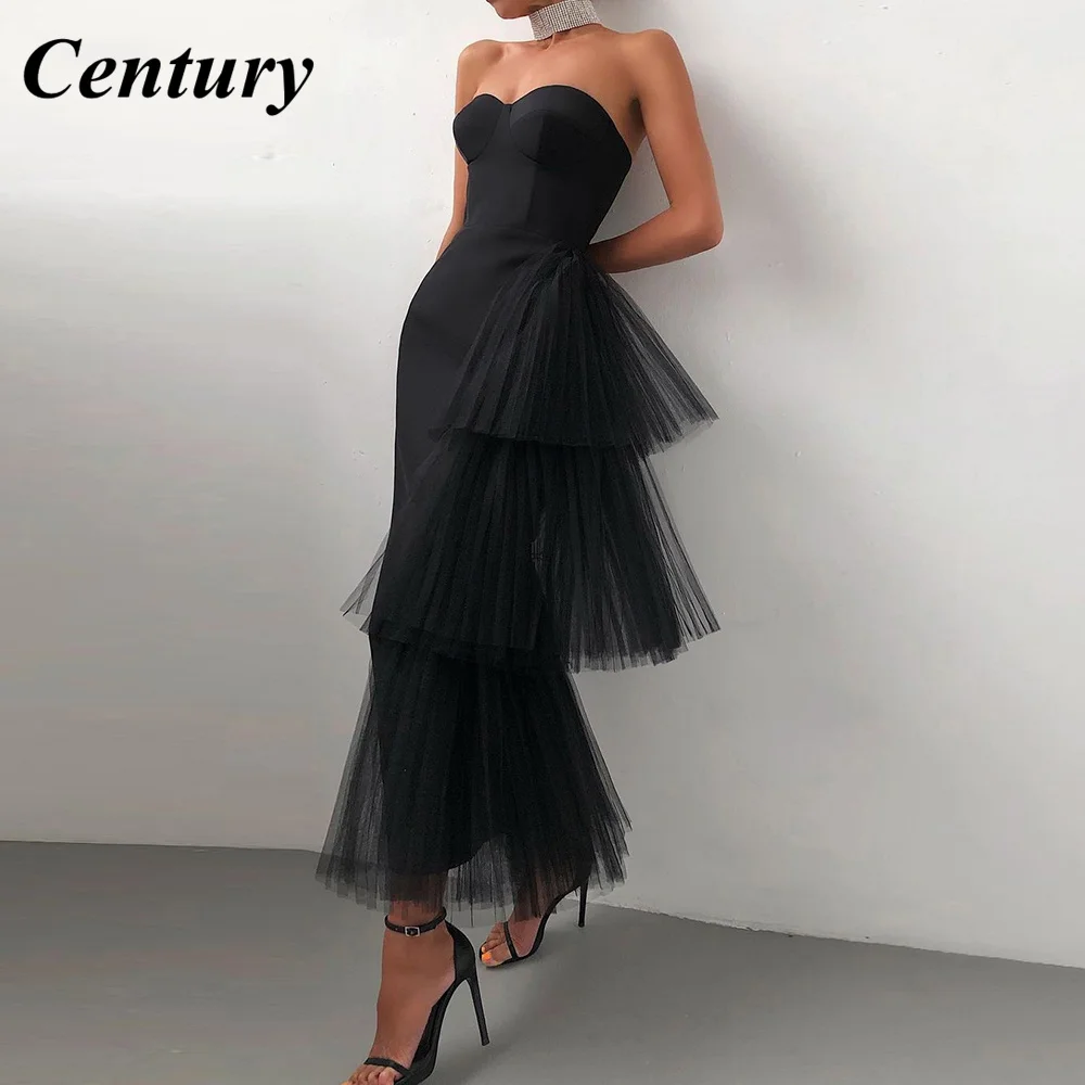 

Century Simple Black Tiered Overskirts Sheath Prom Dresses Sleeveless Sweetheart Layered Tulle Ankle-Length Wedding Party Dress