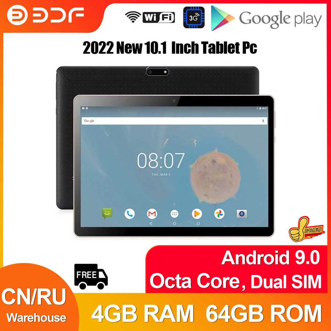 2022 BDF 10.1 Inch Tablet Pc Android 9.0 OS Octa Core 4GB/64GB 1280*800 IPS Mobile Phone Call Android Laptop Tab Pad Pro Tablet